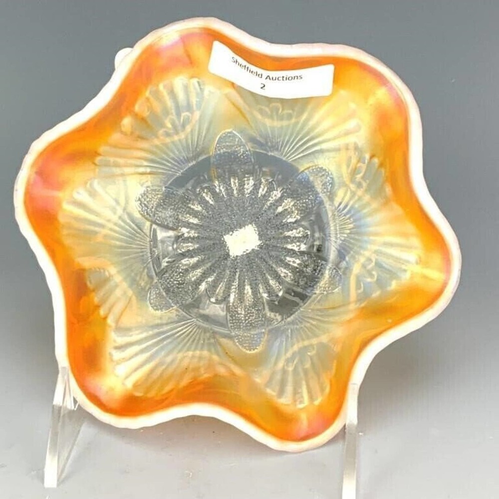 Dugan marigold carnival glass opal flower and fan design sauce bowl